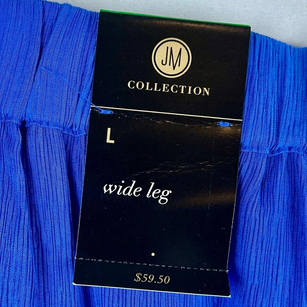 JM Collection Women Wide Leg Pants Blue Crinkle Textured Elastic Waist Large New